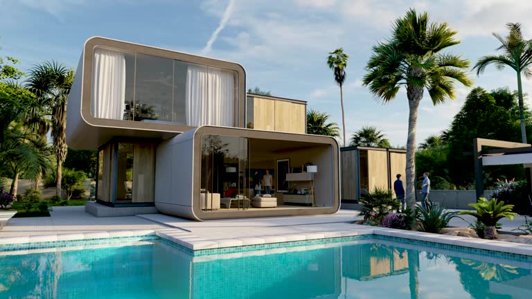 3D animation of a modern house with pool and garden